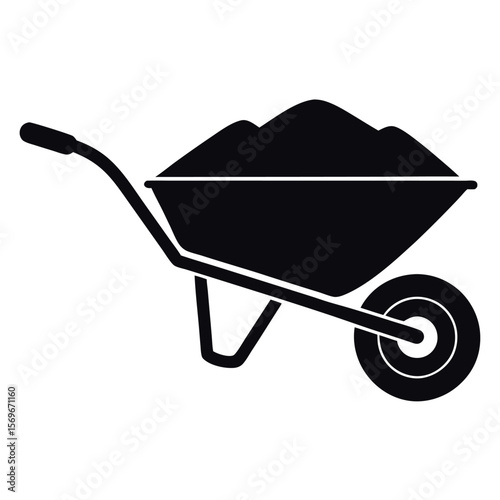 Black silhouette of a wheelbarrow filled with dirt isolated on white background