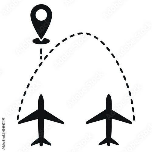 Two airplanes flying along a dashed route with a location pin isolated on white background