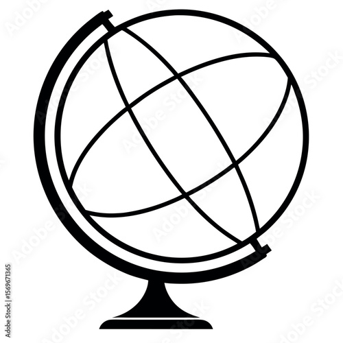 Simple black line art illustration of a globe on a stand isolated on white background