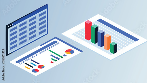 Isometric view of data charts and spreadsheet interface on a light blue background scene design