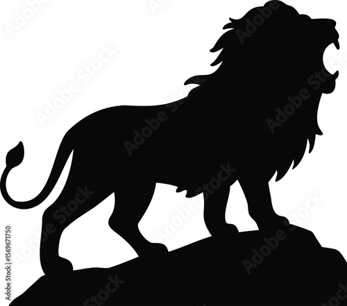 Silhouette of roaring lion standing on a rock with majestic mane and raised head Vector illustration