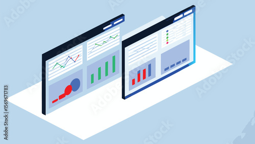 Isometric illustration of two data dashboards displaying charts and graphs on a light blue background
