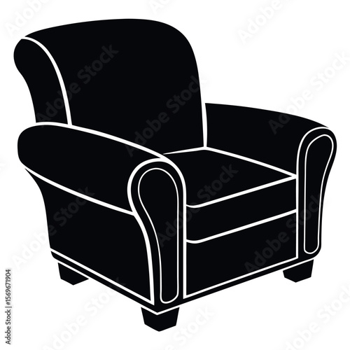 Classic black armchair silhouette with white outline isolated on white background