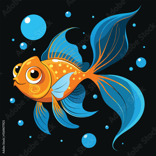 Orange fish with blue fins and bubbles goldfish