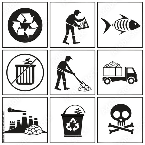 Waste management icon collection set. Containing disposal, landfill, garbage collection, transport, plastic, sorting, contamination icon. Simple line vector.
