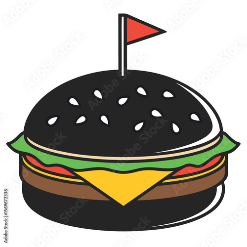 Stylized black sesame seed burger with lettuce cheese tomato and a red flag isolated on white background