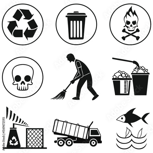 Waste management icon collection set. Containing disposal, landfill, garbage collection, transport, plastic, sorting, contamination icon. Simple line vector.