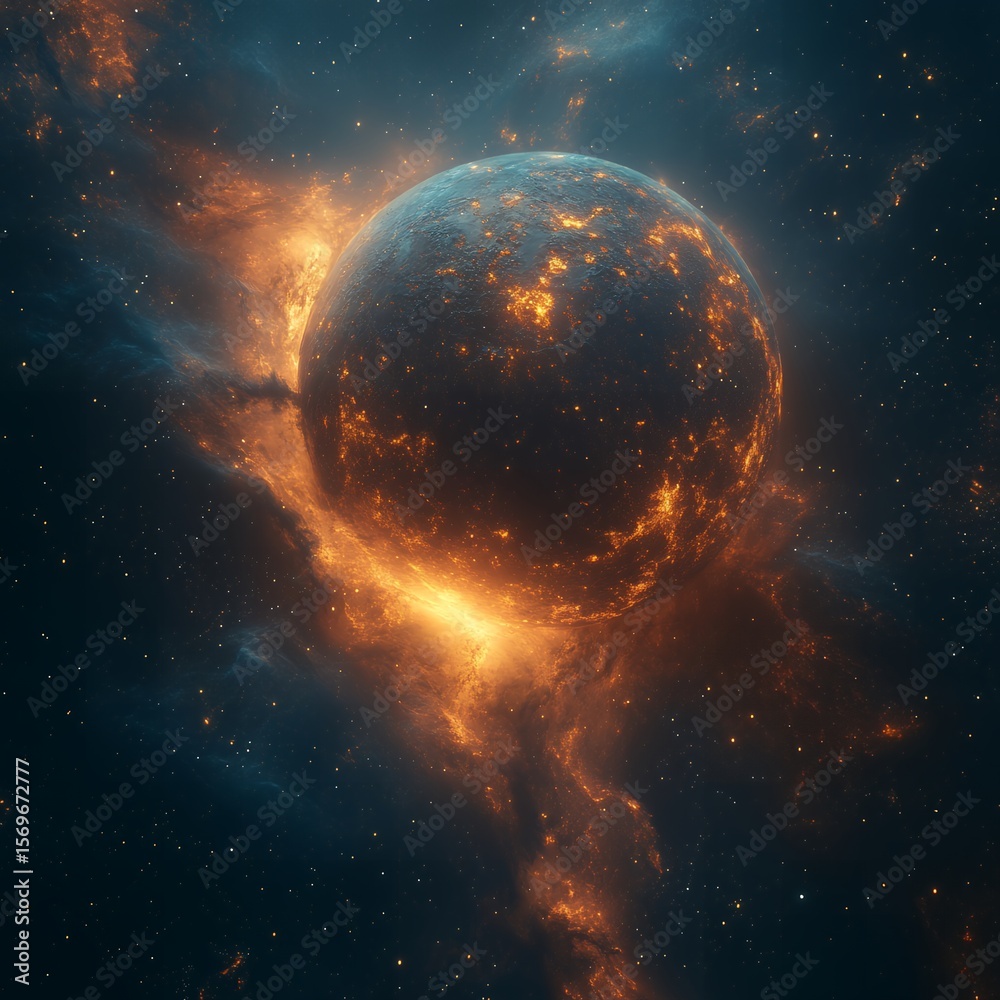 Fototapeta premium A cosmic sphere surrounded by fiery nebula and distant stars in a vast and dark space environment view