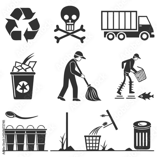 Waste management icon collection set. Containing disposal, landfill, garbage collection, transport, plastic, sorting, contamination icon. Simple line vector.