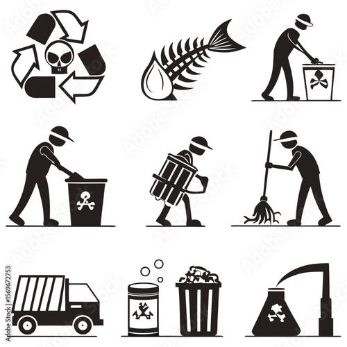 Waste management icon collection set. Containing disposal, landfill, garbage collection, transport, plastic, sorting, contamination icon. Simple line vector.