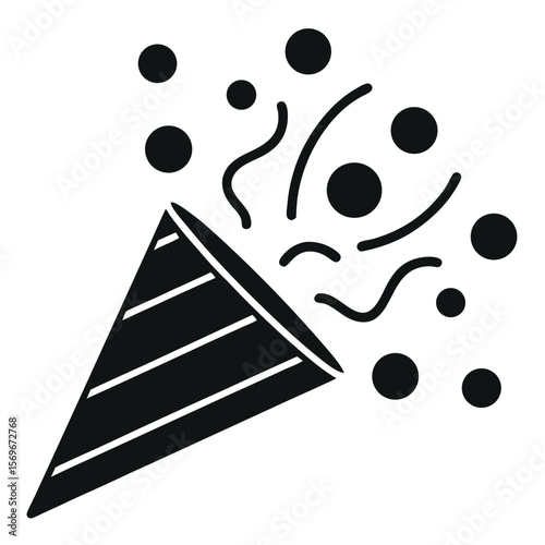 Black confetti popper exploding with circles and streamers isolated on white background