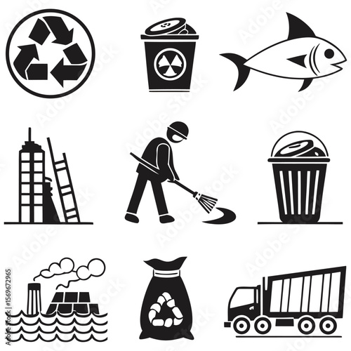 Waste management icon collection set. Containing disposal, landfill, garbage collection, transport, plastic, sorting, contamination icon. Simple line vector.
