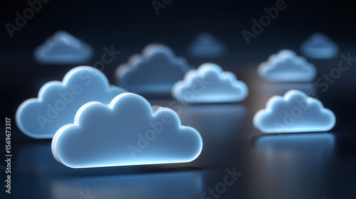 Glowing cloud icons floating in dark blue virtual space, representing digital data storage and cloud computing technology with futuristic and sleek design