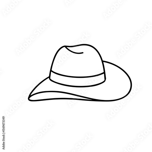 A simple line drawing of a cowboy hat with a curved brim and a crease in the crown, isolated on a white background.