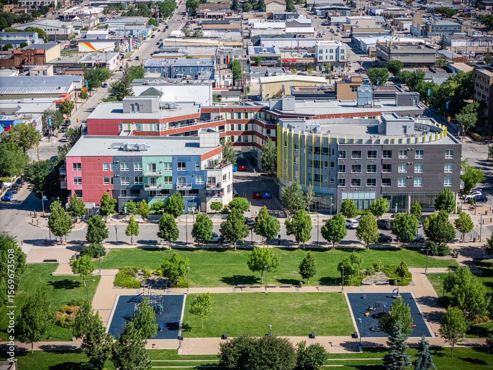 Fototapeta premium City view of a park with a large building in the background