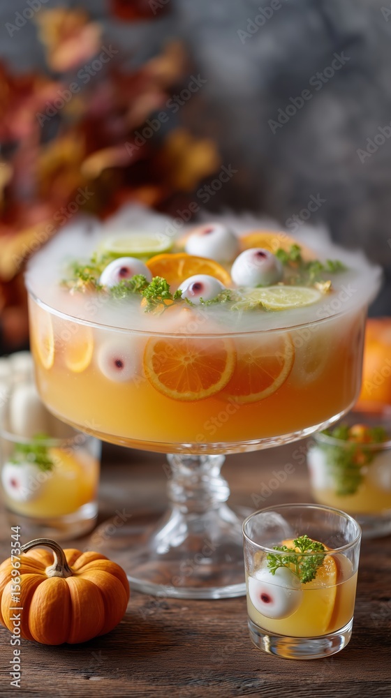 Fototapeta premium Playful Halloween Punch Bowl with Floating Lychee Eyeballs & Citrus Fog