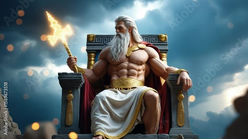 Zeus gesturing on throne overlooking sea. Ancient god holding torch on stone throne