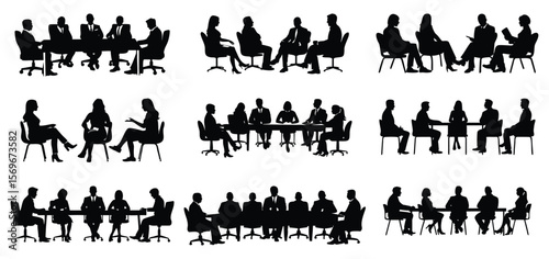 A collection of business meeting silhouettes showing professional teams in various conference, discussion, and interview settings.