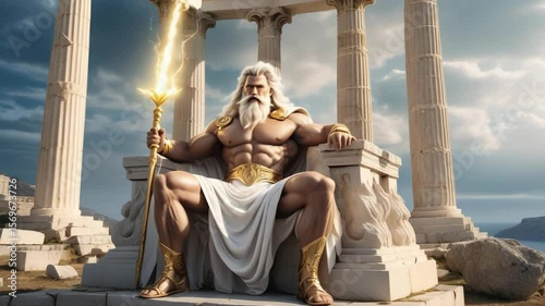 Zeus gesturing on throne overlooking sea. Ancient god holding torch on stone throne