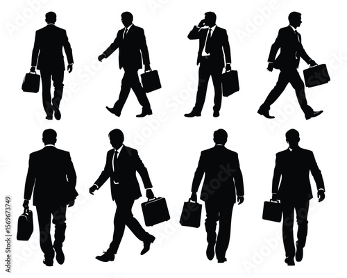 A collection of businessman silhouettes in formal suits, captured in various walking and standing poses with a briefcase.