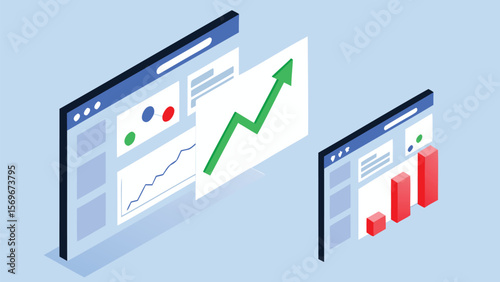 Isometric illustration of data dashboards showing charts and graphs on a light blue background