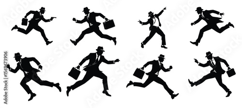 Set of dynamic businessman silhouettes in suits and hats, running with briefcases in various action-packed poses.
