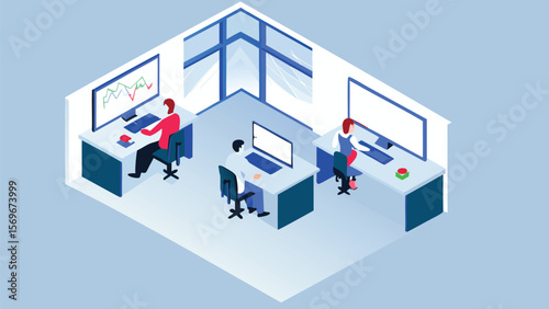 Isometric office space with three employees working at desks with computers and large windows view