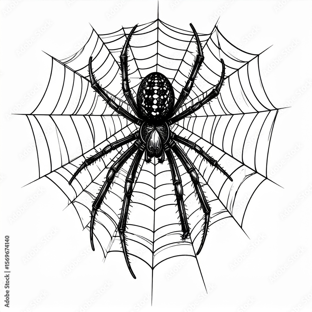 Fototapeta premium Black Spider on a Detailed Web Illustration