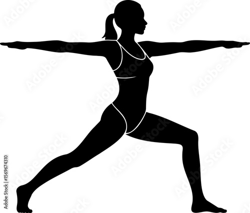 Vector line art of Warrior II Pose (Virabhadrasana II), representing power, focus, and grounding in yoga practice, on white background. 