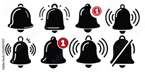 A collection of black notification bell vector icons, showing active, silent, and new message alerts for UI design.