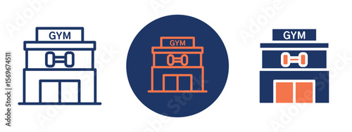 Set of pixel perfect colored Gym icon, 1 Silhouette, 1 unexpanded, Gym building icon showing fitness and exercise center.