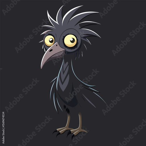 Cartoon bird with large yellow eyes and sharp beak