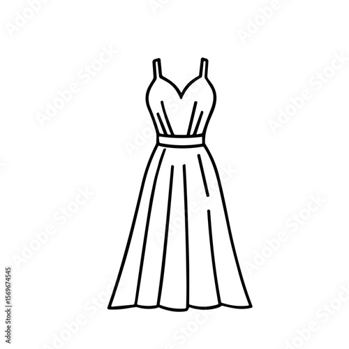 Line art illustration of a sleeveless, flowing dress with a V-neck and cinched waist, isolated on a white background.