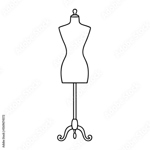 A simple black and white line drawing of a classic dressmaker's mannequin.