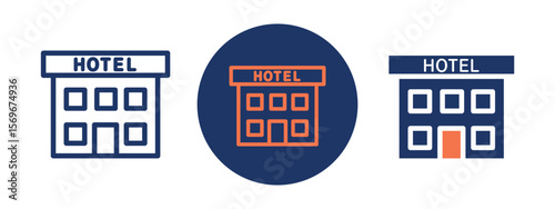 Set of pixel perfect colored Hotel icon, 1 Silhouette, 1 unexpanded, Accommodation hotel symbol for tourism stays.