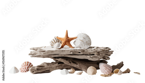 White podium with driftwood and seashells isolated on transparent background
