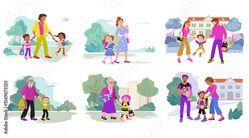 Set of parents and children. A happy family walking together holding hands. Parents accompany their kids to school or kindergarten through the park. Vector illustration of mom, dad, kids.