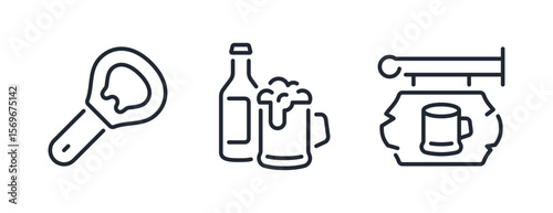 Beer glass, bottle opener and wooden brewery signboard editable stroke outline icons set isolated on white background flat vector illustration. Pixel perfect. 64 x 64.	