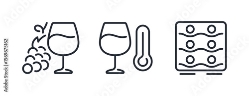 Wine glass with grape, thermometer, temperature and wine fridge editable stroke outline icons set isolated on white background flat vector illustration. Pixel perfect. 64 x 64.	