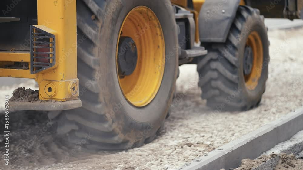 Heavy machinery operates on gravel for construction, emphasizing tire traction while generating dust clouds Heavy machinery operates on gravel for construction, emphasizing tire traction while generating dust clouds