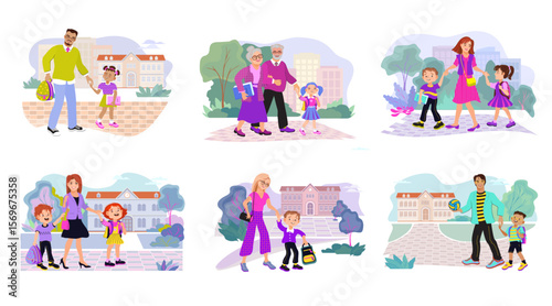 Set of parents and children. A happy family walking together holding hands. Parents accompany their kids to school or kindergarten through the park. Vector illustration of mom, dad, kids.