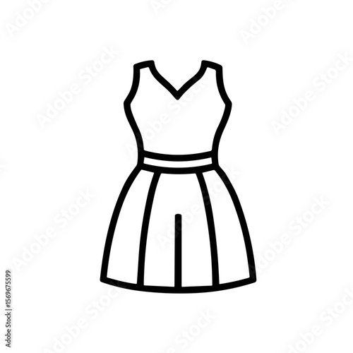 Simple line drawing of a sleeveless dress with a V-neck and a pleated skirt, cinched at the waist.