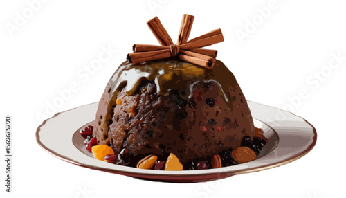 Traditional steamed Christmas pudding with dried fruit isolated on transparent background 