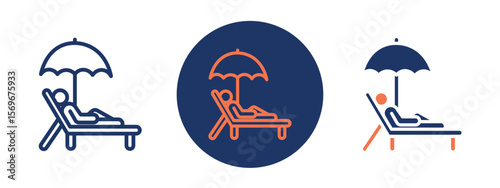 Set of pixel perfect colored Relax icon, 1 Silhouette, 1 unexpanded, Person lying on a deck chair under an umbrella symbolizing relaxation and vacation.