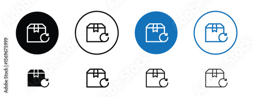 Set of pixel perfect colored Return icon, 1 Silhouette, 1 unexpanded, U-turn arrow over a box representing returns, reverse logistics, and refunds.