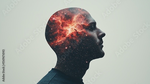 A silhouette of a person's profile filled with a vivid cosmic nebula, symbolizing imagination and the universe within the mind.