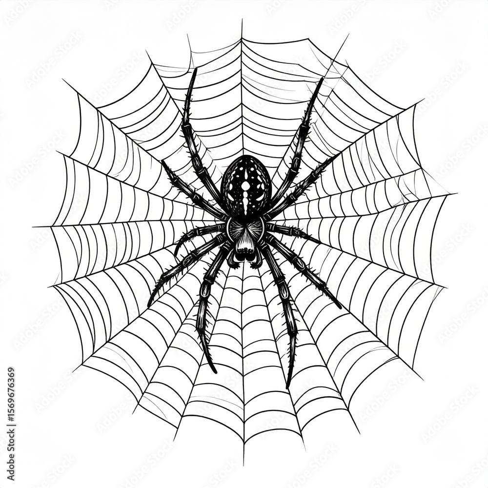 Fototapeta premium Black Spider on Intricate Web Illustration