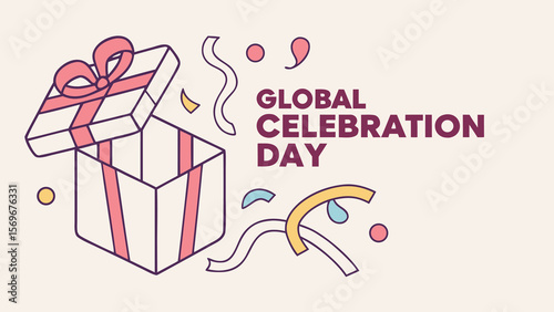 Joyful Celebration: Open Gift Box with Confetti, Pastel Color Palette, Line Art Style, Festive Mood, Global Celebration Day Theme, Ideal for Holiday Greetings,  Marketing, and Social Media.