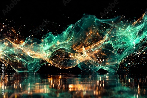 Wallpaper designed with shiny green and gold smoke on a black background. Generative AI
