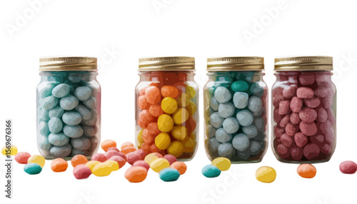  Three jars of colorful freeze dried candies on a table waiting for sweet taste isolated on transparent background